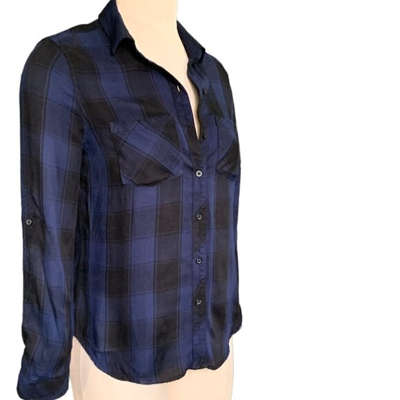 ANA Buffalo Plaid Button Front Shirt Sz XS Blue & Black #63G - Picture 3 of 9
